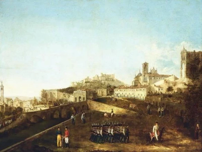1784-Luigi Deleidi - Veduta di Porta Sant'Agostino a Bergamo con parata militare - Accademia Carrara, Bergamo